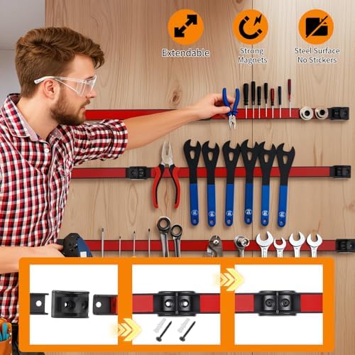 12" Magnetic Tool Holder Strip, 4 Pieces Red Metal Tool Organizer Rack with Stainless Steel Surface, Magnet Bar for Garage Workshop, Easy To Install with Mounting Screws - Image 3