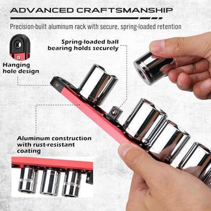 8-Piece Magnetic Socket and Wrench Organizer Set, Metric & SAE, 1/4", 3/8", 1/2" Drive Socket Rail, 24-Slots Wrench Holder with Non-Slip Handle for Toolbox Drawer Storage (Socket Wrench not Included) - Image 4