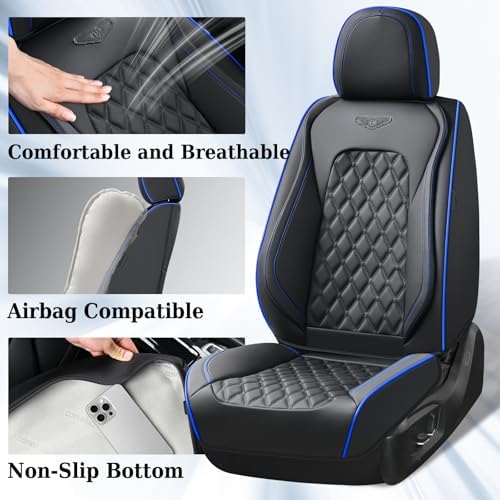 Coverado Full Set Car Seat Covers, Front & Back Luxury Faux Leather Waterproof Seat Covers,Car Seat Protectors, Universal Fit for Most Vehicles-Black & Blue - Image 2