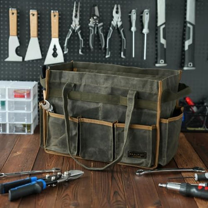 Tool Bag, Heavy Duty 16oz Waxed Canvas Garden Tool Organizer Tote with Reinforced Bottom, Large Capacity & 11 Slots, Dual Handles Tool Carrier for Gardening Carpentry DIY Tools | Army Green - Image 6