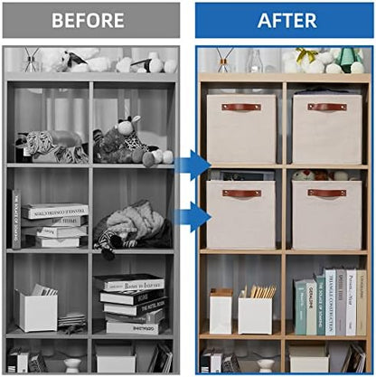 Temary 11x11 Storage Cubes Fabric Storage Cubes Storage Bins with Dual Leather Handles Canvas Storage Boxes for Organizing Home, Shelf, Closet (Beige, 11 x 11 x 11) - Image 6