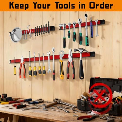 12" Magnetic Tool Holder Strip, 4 Pieces Red Metal Tool Organizer Rack with Stainless Steel Surface, Magnet Bar for Garage Workshop, Easy To Install with Mounting Screws - Image 5