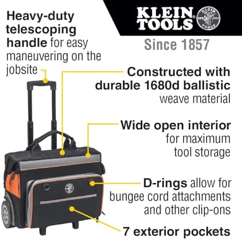 Klein Tools 55452RTB Tool Bag, Water Resistant Tool Storage Organizer Rolls on Rugged 6-Inch Wheels, 24 Pockets, Load Tested to 200-Pound - Image 2