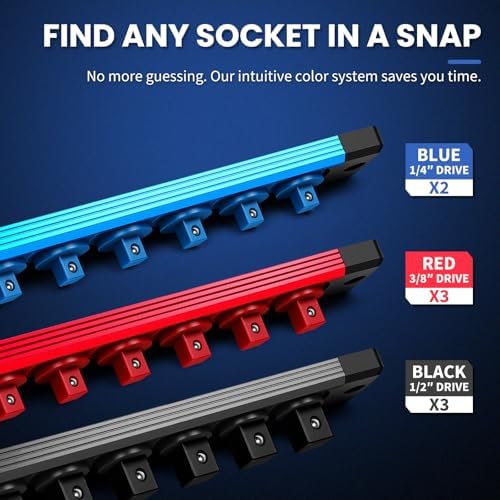 8PC Magnetic Socket Organizer Set, for 1/2″ 3/8″ 1/4″ Drive with 3 Black 3 Red 2 Blue Trays, 360° Swivel Removable Clips, Heavy Duty Aluminum Alloy Rail for Tool Box Drawer - Image 3