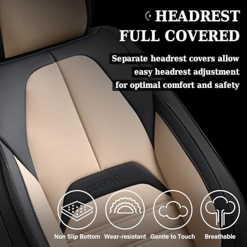 Coverado Waterproof Nappa Leather Car Seat Covers, Automotive Seat Covers，Front Car Seat Cushion & Car Seat Protector, Seat Covers Universal Fit for Most Cars, SUVs,Trucks,Black&Beige - Image 4