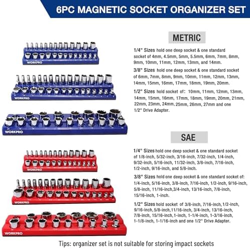 WORKPRO Magnetic Socket Organizer Set, 6-Piece Metric SAE Socket Holder Set - Image 2