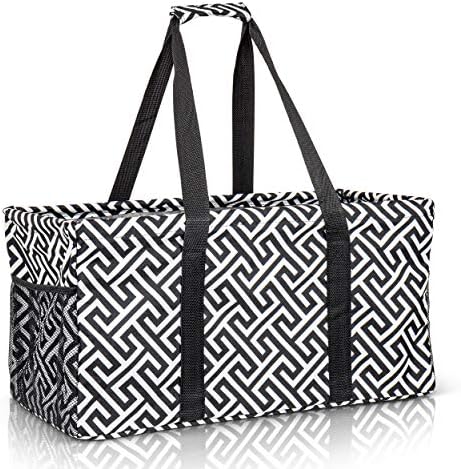 Extra Large Utility Tote Bag - Oversized Collapsible Reusable Wire Frame Rectangular Canvas Basket With Two Exterior Pockets For Beach, Pool, Laundry, Car Trunk, Storage - Geometrc Black by Lucazzi