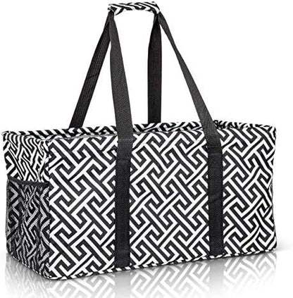 Extra Large Utility Tote Bag - Oversized Collapsible Reusable Wire Frame Rectangular Canvas Basket With Two Exterior Pockets For Beach, Pool, Laundry, Car Trunk, Storage - Geometrc Black by Lucazzi