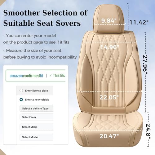 Coverado Front Seat Covers, Car Seat Protector, Waterproof Nappa Leather Cushion, Fit for Most Sedans SUV Pick-up Truck-Beige - Image 5