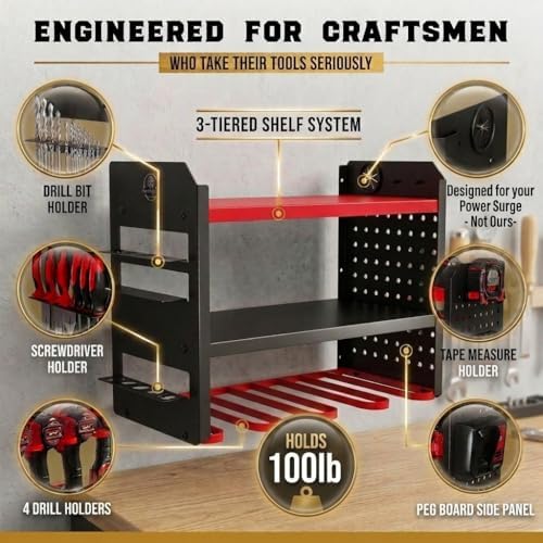 BUILTSTRONG Power Tool Organizer Wall Mount – 3-Tier Heavy-Duty Steel Rack, 4 Drill Slots, Pegboard + Utility Side, 100 lb Capacity – Garage, Workshop & Shed Storage (Red) - Image 2