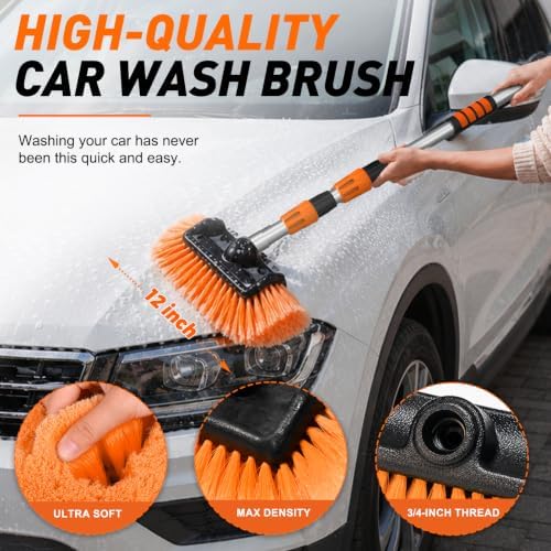 SISUPASSIE 12FT Car Wash Brush with Long Handle, 12-Inch Soft Bristle Car Cleaning Brush for Cleaning RV, Truck, Boat, Solar Panels, Orange - Image 3