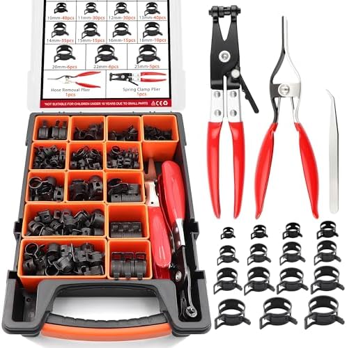 352Pcs Spring Band Hose Clamp Kit, 6-25mm 15 Sizes 65Mn Carbon Steel with Swivel Jaw Pliers & Removal Tool for Fuel Line, Coolant, Vacuum, Radiator, Silicone Hose - Automotive, Marine, DIY by Tuijodaix