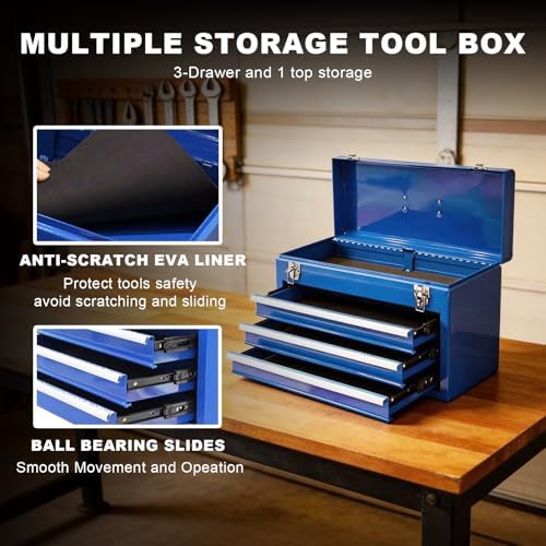 3 Drawer 20“ Metal Tool Box Portable Steel Tool Chest with Metal Latch Closure for Garage, Home and Workbench, Blue - Image 3