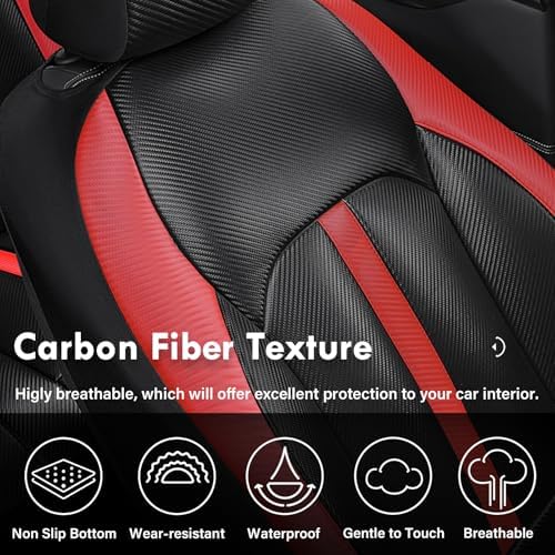 Coverado Leather Car Seat Covers Front Seats & Carbon Fiber, Waterproof and Durable All Weather Protector, Universal Fit for SUV, Pickup Truck, Sedan, Automotive Vehicle Interior, Black&Red - Image 4