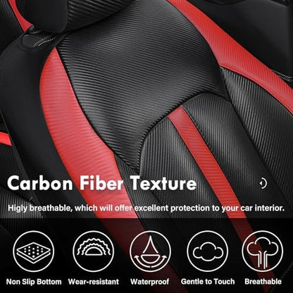 Coverado Leather Car Seat Covers Front Seats & Carbon Fiber, Waterproof and Durable All Weather Protector, Universal Fit for SUV, Pickup Truck, Sedan, Automotive Vehicle Interior, Black&Red - Image 4