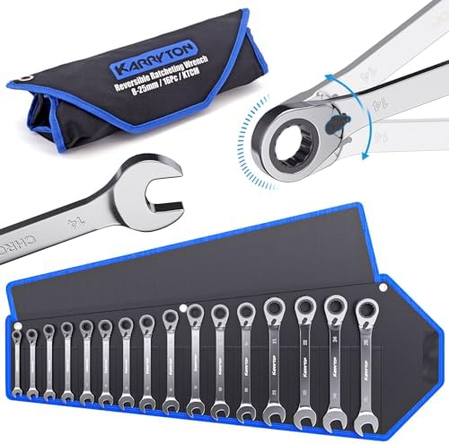 16-piece Reversible Ratcheting Wrench Set Metric 8-25mm, 72 Teeth Ratchet Combination Wrenches Set with Rolling Bag, Cr-V Steel, Chrome Plating Handle with Blackened Ratchet by KARRYTON