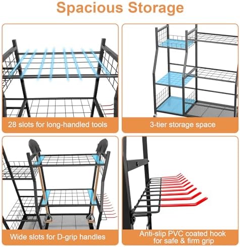 Garden Tool Organizer with Wheels for Garage, Freestanding Garage Tool Organizer, Yard Tool Holder, Garden Tool Cart for Long Handled Tools,Rakes, Brooms, Yard Storage Rack for Shed, Indoor, Outdoor - Image 3