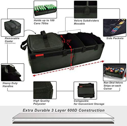 Picnic at Ascot Heavy Duty Rigid Base Trunk Organizer with 28 Can Capacity Leak Proof Cooler- Adjustable Dividers - 30" wide x 15" deep - Designed & Quality Approved in the USA - Image 3