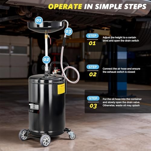TUFFIOM 20 Gallon Waste Oil Drain Tank with Wheels & Handle, Adjustable Funnel Height Air-Operated Oil Drainer, Large Capacity Leak-Proof Oil Drain Container for Auto Fluids, Garage, Black - Image 7