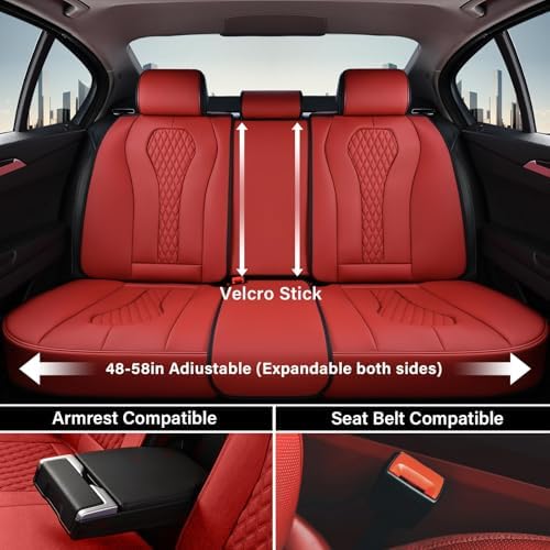 Coverado Car Seat Covers Full Set, Seat Covers, Car Seat Cover, Car Seat Covers Front Seats Back Seat Cover, Waterproof Car Seat Cushion, Leather Red Seat Covers Seat Protector Universal Fit Most Cars - Image 4