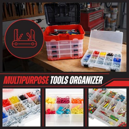 Small Parts Organizer Box - 11-Inch Portable Storage Case with 4 Removable Multi-Compartment Trays for Screws, Beads, Small Fishing Tackle, Hardware, and Craft Supplies by Stalwart (Red) - Image 2