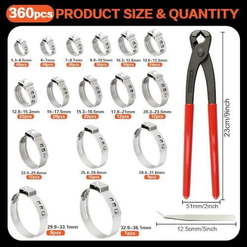 360PCS 304 Stainless Steel Single Ear Stepless Hose Clamps Assortment Kit - Image 2