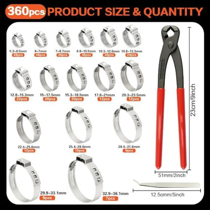 360PCS 304 Stainless Steel Single Ear Stepless Hose Clamps Assortment Kit - Image 2