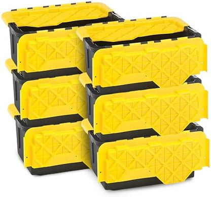 HOMZ 6-Pack Durabilt Tote, Heavy Duty Plastic Storage Bins with Lids, 15 Gallon, Black/Yellow - Stackable Organizing Containers for Home, Garage, and Office by Homz