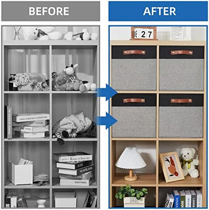Temary 13 x 13 Storage Cubes Foldable Storage Cubes 4 Pack Canvas Storage Bin for Home, Square Storage Baskets with Leather Handles (Black&Grey) - Image 5