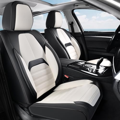 Coverado Waterproof Nappa Leather Car Seat Covers, Automotive Seat Covers，Front Car Seat Cushion & Car Seat Protector, Seat Covers Universal Fit for Most Cars, SUVs,Trucks,Black&White by COVERADOAUTO