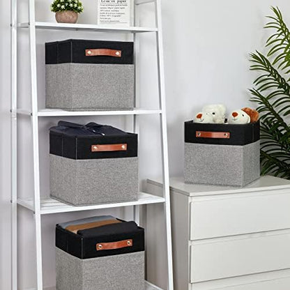 Temary 11 x 11 Cube Storage Bins Fabric Storage Cubes for Shelf, Closet, 4 Pack Cube Basket for Clothes, Storage Cube Bins with Leather Handles(Black&Grey) - Image 6