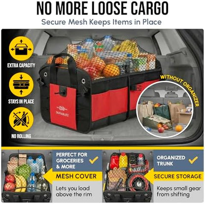 Car Trunk Organizer - Collapsible, Foldable - with Covering Net, Removable Dividers, Attachable Non-Slip Pads, Mounting Straps, and Stainless Hooks - for SUV, Truck, Sedan, Minivan, and Van - Red - Image 4
