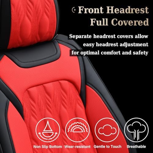 Coverado Car Seat Cover Full Set, Leather Seat Covers for Front and Rear, Waterproof Seat Covers 5 Seats, Luxury Car Seat Protectors Driver Seat Cushions Universal for Most Vehicles, Red - Image 6
