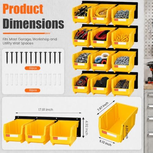 12pc Wall-Mounted Storage Organizer Set with Metal Rails Yellow - Image 2