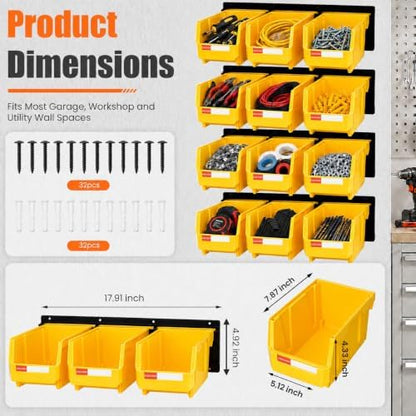 12pc Wall-Mounted Storage Organizer Set with Metal Rails Yellow - Image 2