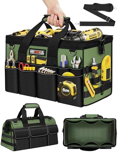 16-Inch Heavy Duty Tool Bag, 19-Pockets Tool Box Organizer, Portable Toolbag W/Soft Handle for Organized Storage, Mechanic Gifts for Men Dad Husband Fathers Day, Wide Mouth Electrician Toolbox, Green by VEITORLD
