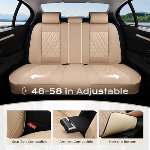 Coverado Leather Seat Covers, Car Seat Cover Full Set, 5 Seats Beige Seat Covers, Automotive Seat Covers Waterproof Car Seat Cushion Protectors Universal Seat Cover Fit for Most Cars Trucks SUV - Image 5