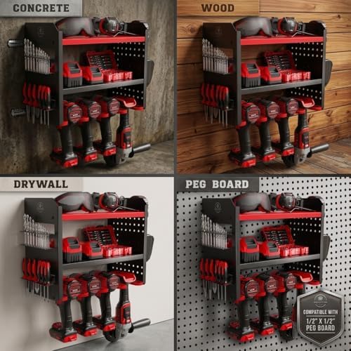 BUILTSTRONG Power Tool Organizer Wall Mount – 3-Tier Heavy-Duty Steel Rack, 4 Drill Slots, Pegboard + Utility Side, 100 lb Capacity – Garage, Workshop & Shed Storage (Red) - Image 5