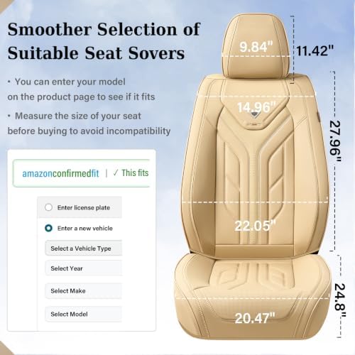 Coverado Car Seat Covers Full Set, Automotive Seat Covers Car Seat Protector Car Seat Cushion, Waterproof Leather Seat Covers for Cars, Universal Fit for Most Sedans SUV Pick-up Truck(Beige) - Image 3