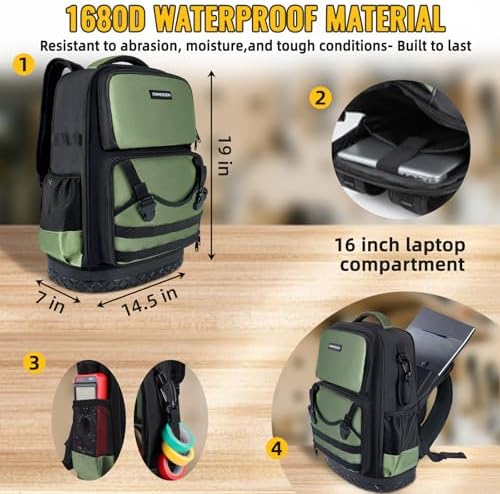 Tool Backpack Heavy Duty, Tool Bag Backpack For Men, Large Empty Toolbag Organizer with Waterproof Molded Hard Bottom, Utility Tool Laptop Storage Back Pack, HVAC Technician Electrician Construction - Image 3