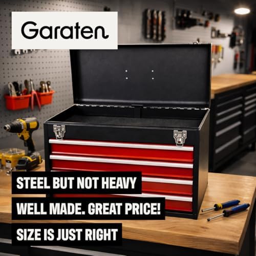 4-Drawer Tool Box with Drawers - Portable Metal Tool Box for Mechanics - Heavy Duty Steel Tool Chest with Locking Latches and Top Storage Compartment, Red/Black - Image 7