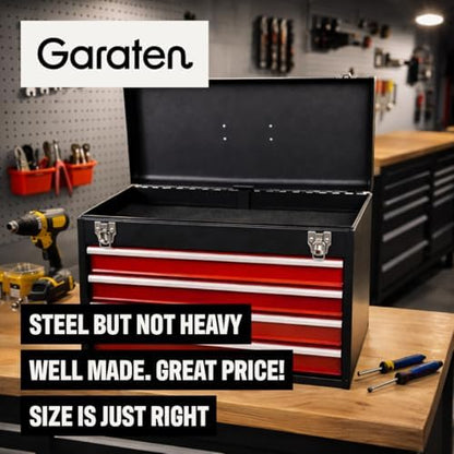 4-Drawer Tool Box with Drawers - Portable Metal Tool Box for Mechanics - Heavy Duty Steel Tool Chest with Locking Latches and Top Storage Compartment, Red/Black - Image 7