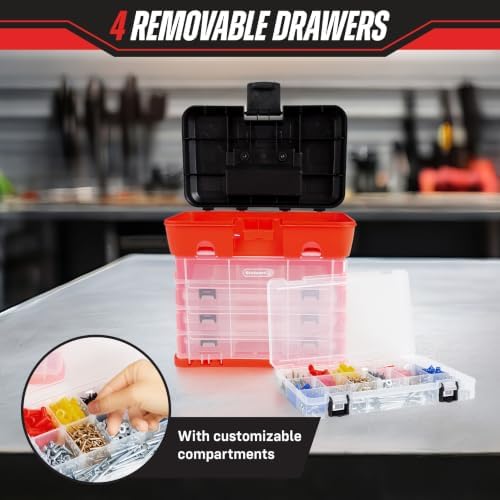Small Parts Organizer Box - 11-Inch Portable Storage Case with 4 Removable Multi-Compartment Trays for Screws, Beads, Small Fishing Tackle, Hardware, and Craft Supplies by Stalwart (Red) - Image 4
