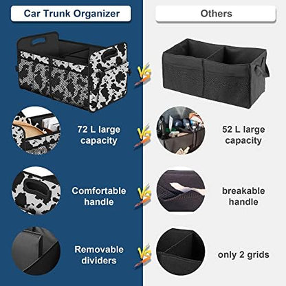 Femuar Car Trunk Organizer,Car Storage Organizer with 72L Large Capacity Waterproof Collapsible and 11 Pockets,Trunk Organizer for Car Suv/Jeep/Sedan, Large Size, Cow print - Image 2