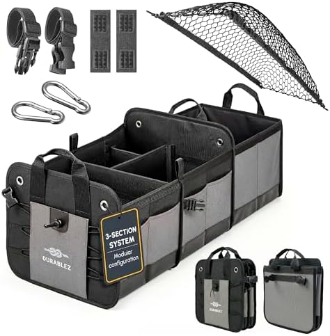 Large Car Trunk Organizer - Trunk Storage - Modular Detachable Configurable Collapsible - for SUV Minivan Truck Sedan Van - 3 Compartment XL, Gray by DURABLEZ