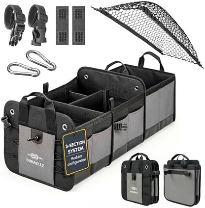 Large Car Trunk Organizer - Trunk Storage - Modular Detachable Configurable Collapsible - for SUV Minivan Truck Sedan Van - 3 Compartment XL, Gray by DURABLEZ
