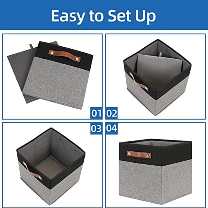 Temary 11 x 11 Cube Storage Bins Fabric Storage Cubes for Shelf, Closet, 4 Pack Cube Basket for Clothes, Storage Cube Bins with Leather Handles(Black&Grey) - Image 7
