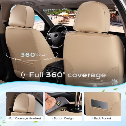 Coverado Seat Covers Full Set, 5 Seats Universal Seat Covers for Cars, Beige Car Seat Covers Front Seats Back Seat Cover, Breathable Car Seat Cushion, Leather Seat Cover Seat Protector Fit Most Cars - Image 2