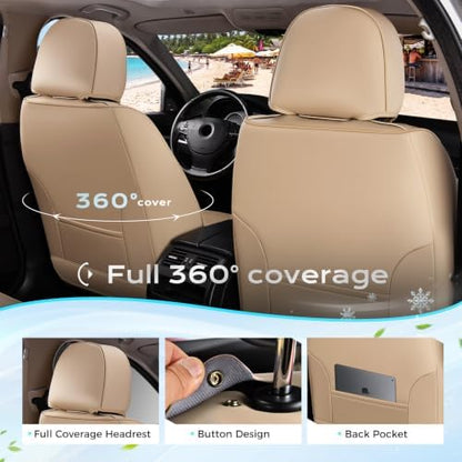 Coverado Seat Covers Full Set, 5 Seats Universal Seat Covers for Cars, Beige Car Seat Covers Front Seats Back Seat Cover, Breathable Car Seat Cushion, Leather Seat Cover Seat Protector Fit Most Cars - Image 2