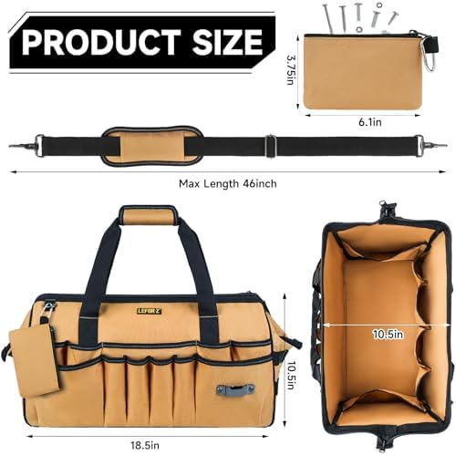 18.5-Inch Tool Bag,43 Pockets Tool Bags for Men,Heavy Duty Tool Box Organizer Storage,Wide Mouth Toolbag Tools Tote Carrying Case for Dad,Mechanic,Electrician,Brown,Bag Only - Image 2